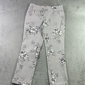 Joe B Pants Women Size Large Gray & White Stripe w Floral Elastic Waist Skinny